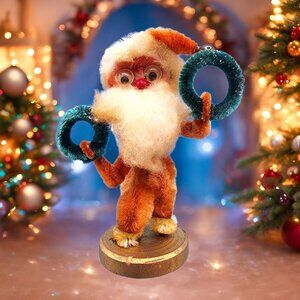 Vintage 1950s Shabby Chenille Santa Ornament Googly Eyes Red Nose Lantern